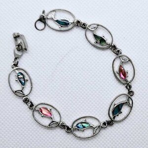 Beautiful Silver Tone Dolphin Link Bracelet With Colorful Backs